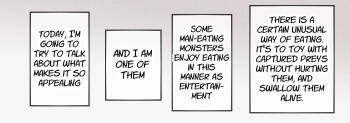 A giant fox girl swallows humans whole while reviewing food in a vore manga cover