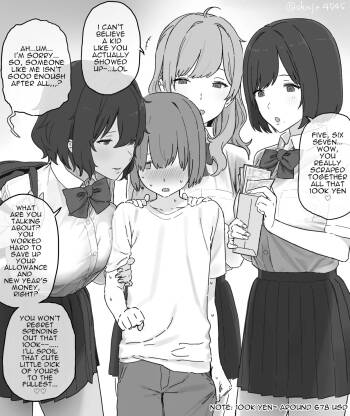 Isshoukenmei tameta okozukai juuman de enjo kousai o boshuu shitara gokuaku oneesan sannin ni me o tsukerarete shimai, tekitou ni shasei saserareta ageku sekkusu mo shite nai noni juuman zengaku fundakureru kawaisou na otoko no ko cover