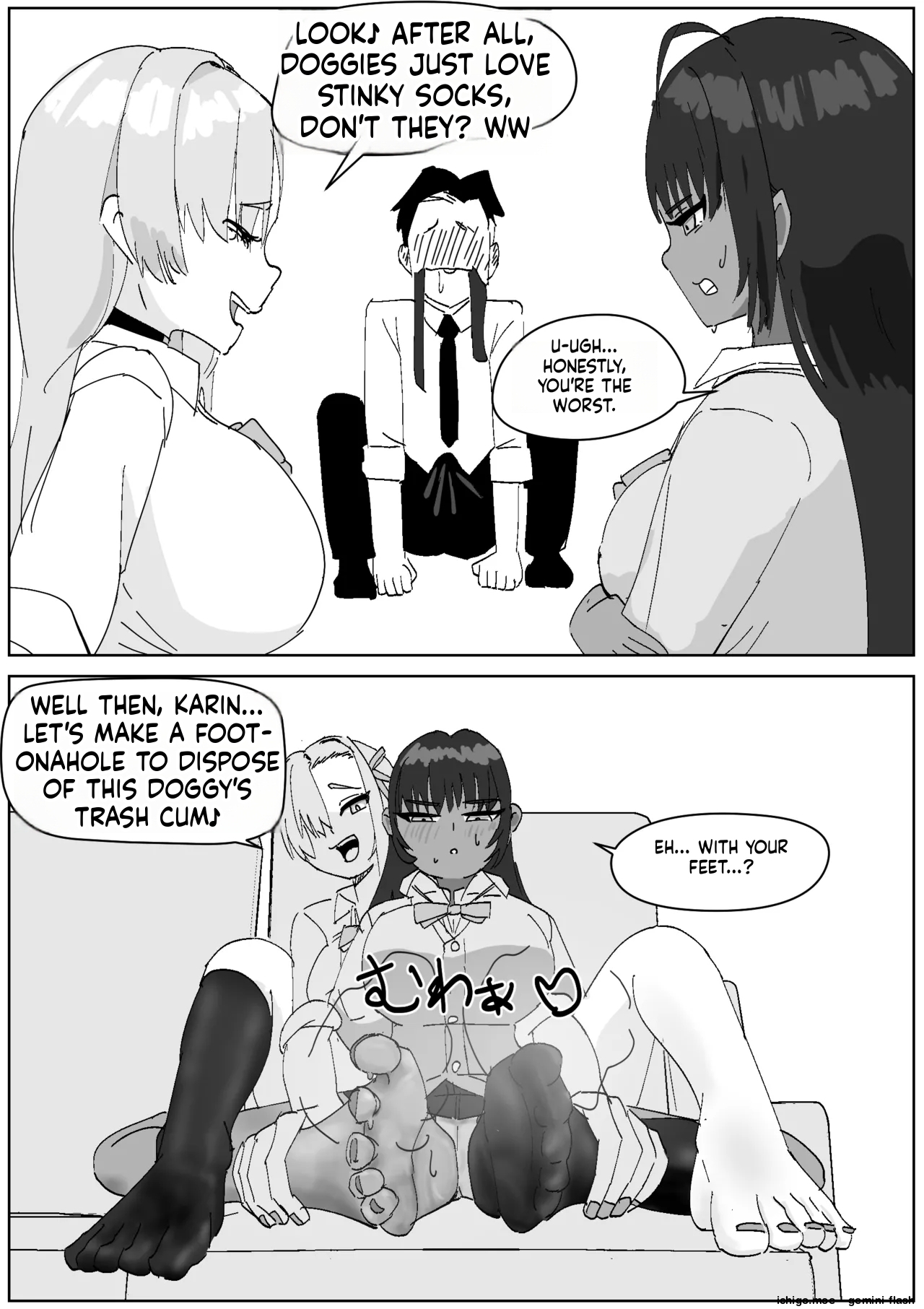 Karin & Asuna: Disposing of Masochistic Trash-Sperm with Super-Stinky Foot Masturbation page 4 full
